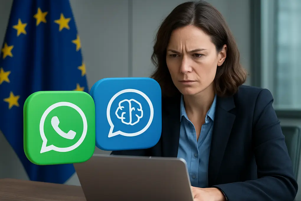 Logos de WhatsApp y Meta frente a la bandera de la UE, aludiendo a investigación antimonopolio por reglas que afectan a chatbots de IA