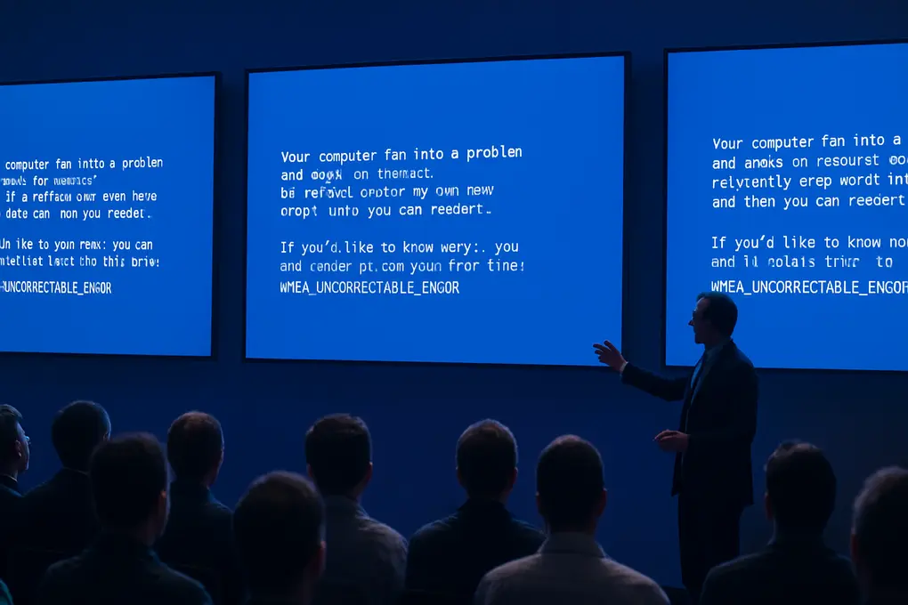 Alerta de BSOD en el stand de Microsoft en RSAC 2026 mostrada en pantallas de exhibición durante la conferencia